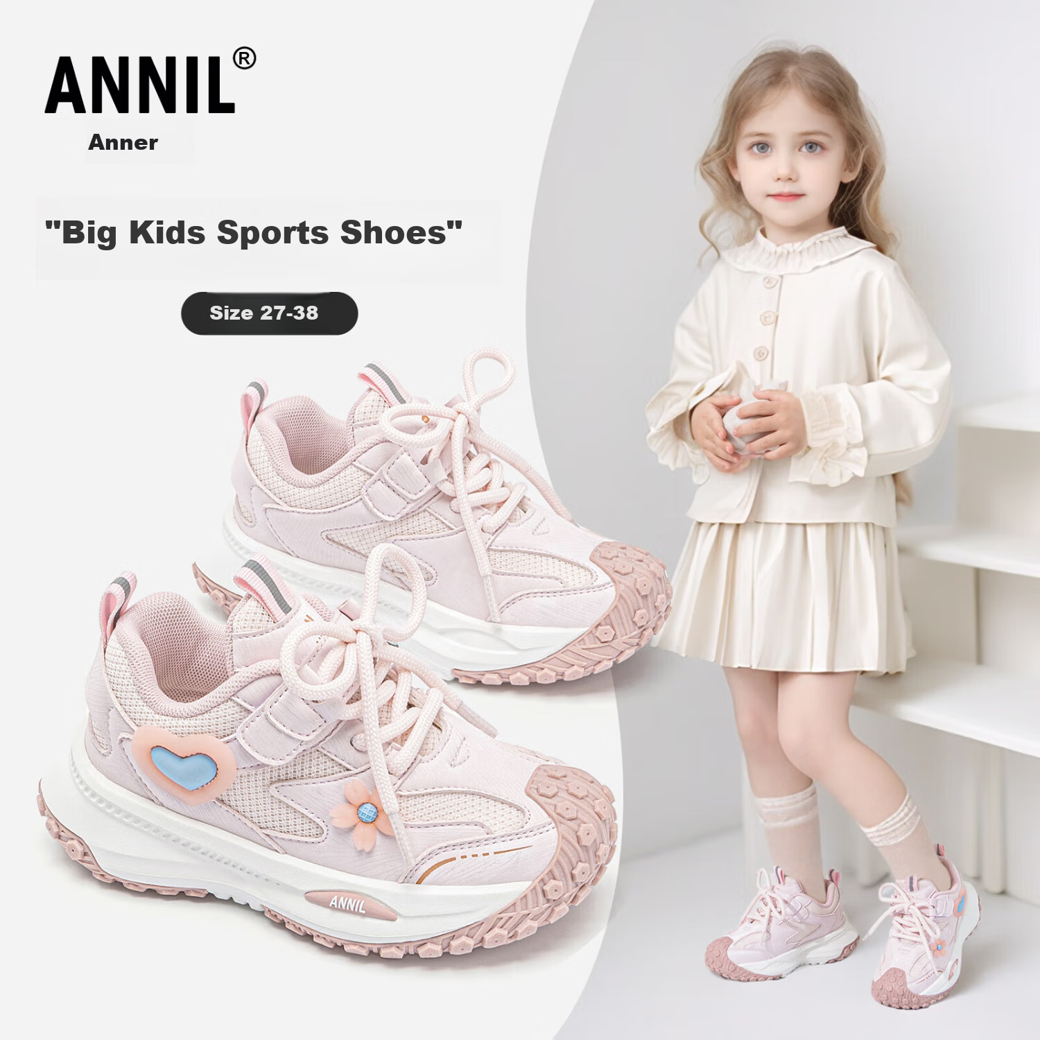 Annil Girls' Sports Casual Shoes, Autumn New Style, Lace-Up Breathable Mesh Dad Shoes, 5210 Pink, Size 28