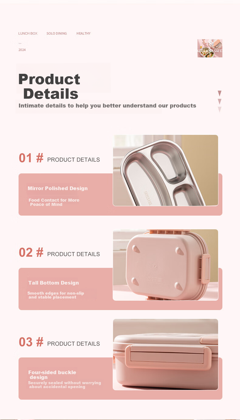 Guangyi 316 Stainless Steel Lunch Box for Elementary School Students And Office Workers, 3-Compartment Bento Box with Utensils And Soup Bowl + Bag GY7406 14