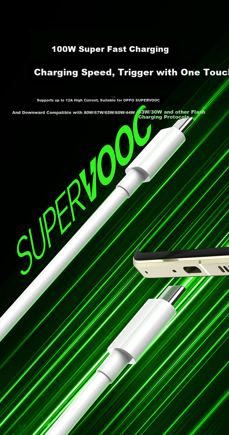 CangHua Dual-Head Type-C Data Cable, 12A Charging Cord, VOOC Super Flash Charging 100W Fast Charge, Suitable for OPPO Find X8/X9/Reno14/13 Phones And Tablets, 1.5 Meters 3