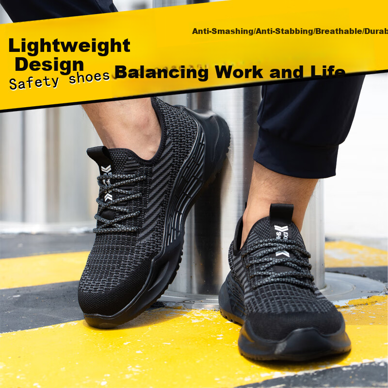 Jiuzhouzhanlang Men's Safety Shoes, Breathable Protective Footwear, Anti-Smashing And Puncture-Resistant, Kevlar Midsole, Steel Toe Cap, Rubber And Plastic Sole, Breathable Fly-Knit Mesh, Anti-Smashing And Puncture-Resistant [All-Season Style] 1020 Black 41 5