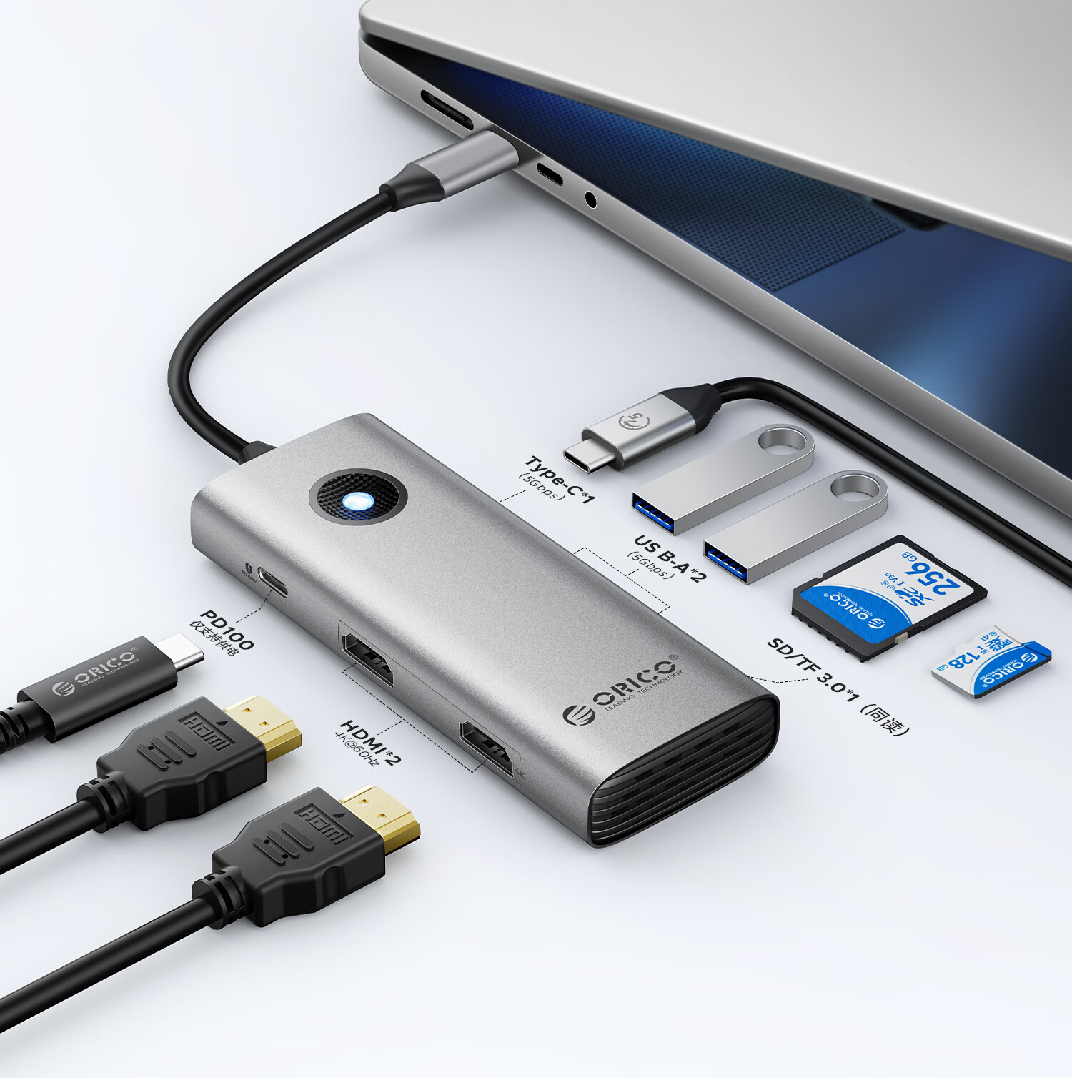 ORICO Docking Station Type-C to Dual HDMI Triple Display Adapter 4K USB Hub Compatible with Mac Huawei Laptop PW11-8PH 7
