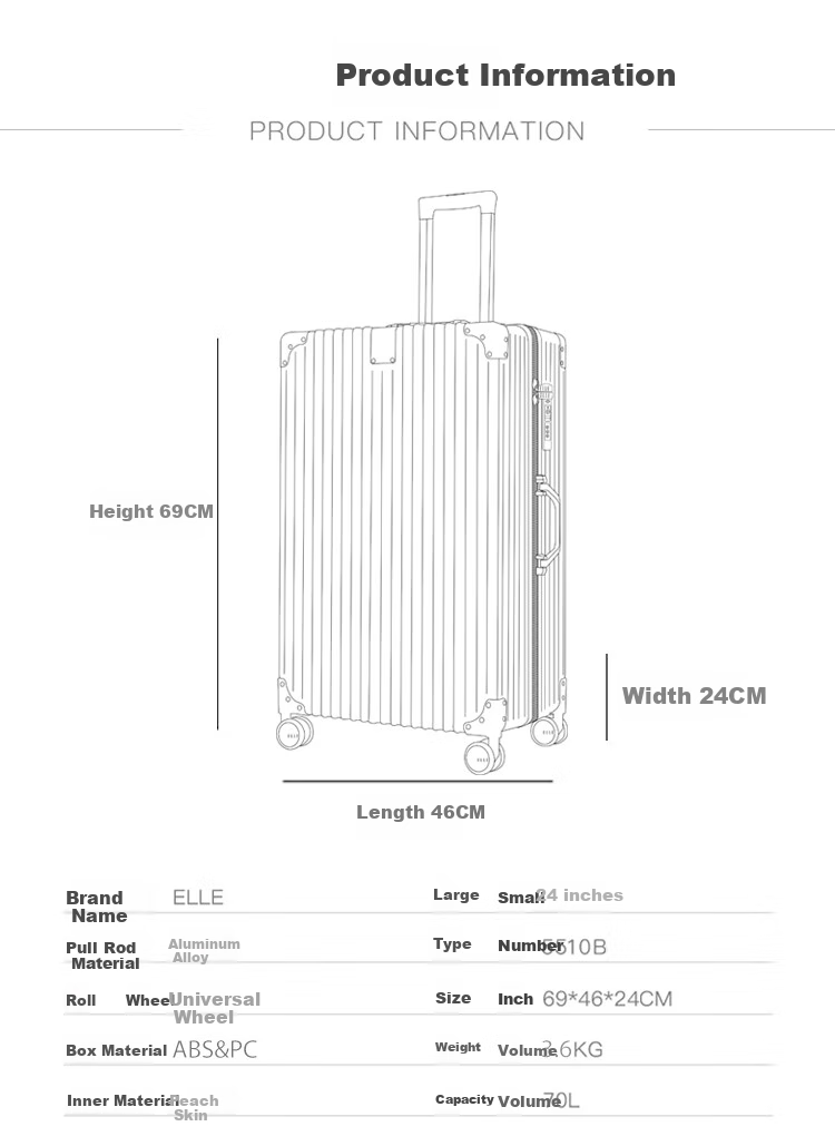 ELLE French Brand, 26-Inch Silver Fashion Suitcase, Large Capacity Trolley Case, Universal Wheels, Combination Lock, Travel Luggage 3