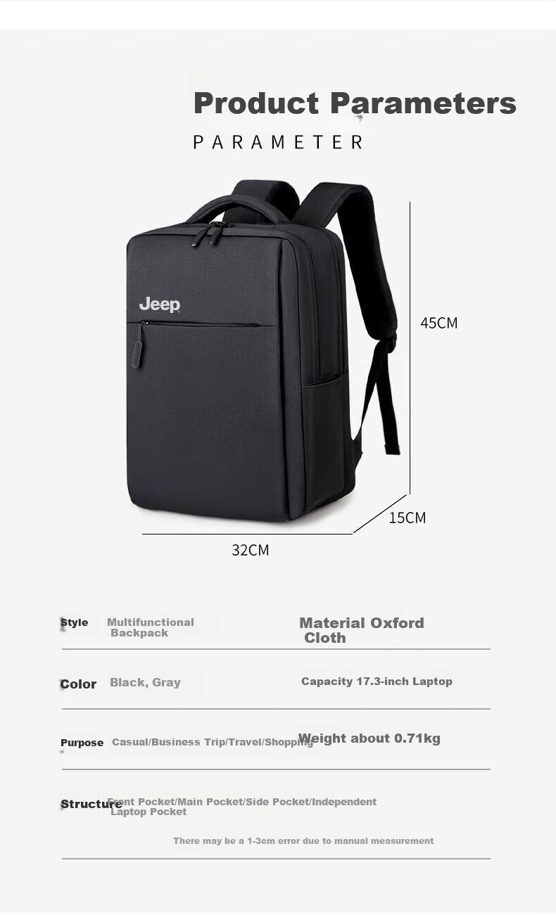 JEEP Backpack for Men And Women, Laptop Bag 16.1 Inch, Business Commute Large Capacity Travel Backpack 12