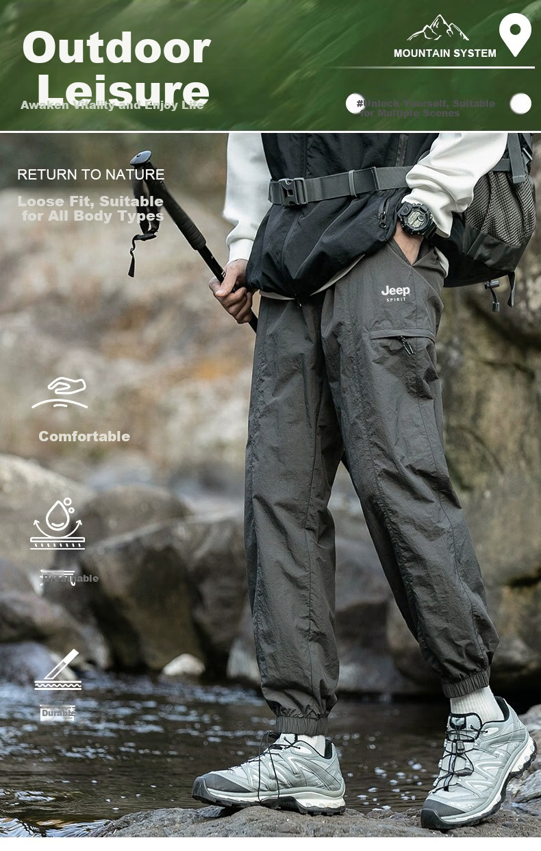 JEEP Casual Pants for Men, Spring Quick-Dry Breathable Sports Pants, Outdoor Trendy Hiking Trousers, Black, Size L 1