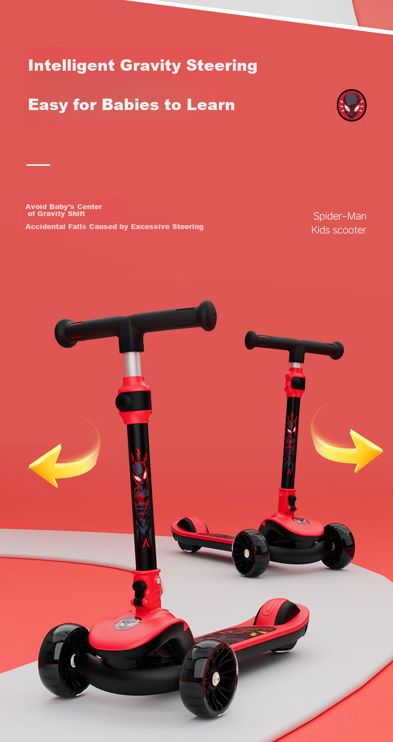 Disney Children's Scooter for Ages 3-6 Adjustable Speed Scooter with Flash Wheels for Older Kids, Marvel Spider-Man Desig 9