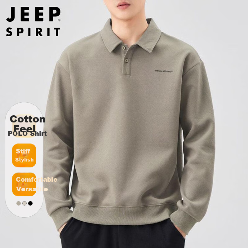 JEEP SPIRIT Polo Shirt for Men, Loose-Fitting Long-Sleeve T-Shirt with Collar for Spring, Gray-Green, Size M