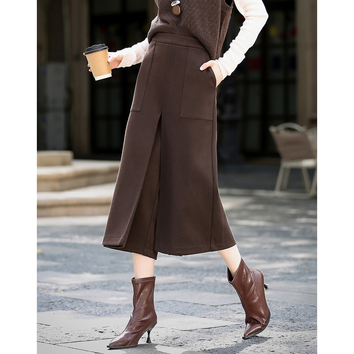 Demana Rich Warm Starry Sky Wool Blend Winter Intellectual Commuter Side-Slit Cropped Stretchy Relaxed Fit Women's Pants
