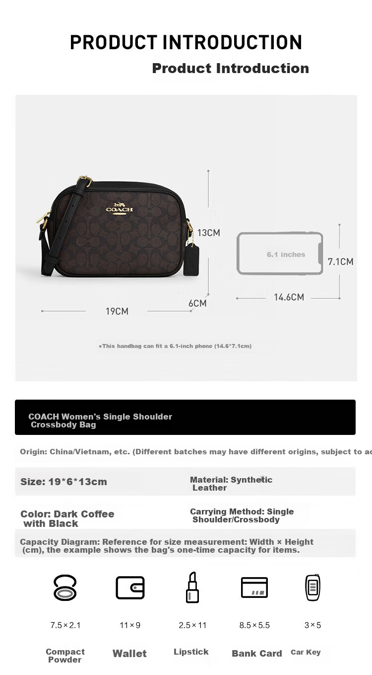 COACH [Brand Direct Supply], Women's JAMIE Small Shoulder Camera Bag, Dark Coffee And Black CZ186, Gift 2