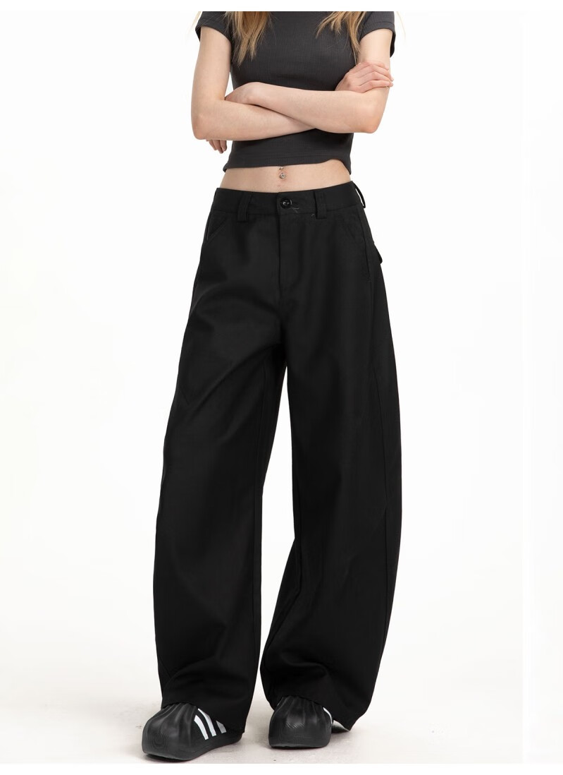 ICH MODE Women's American Style Autumn Winter Loose Straight Relaxed Curved Wide Leg Casual Pants Black L 7