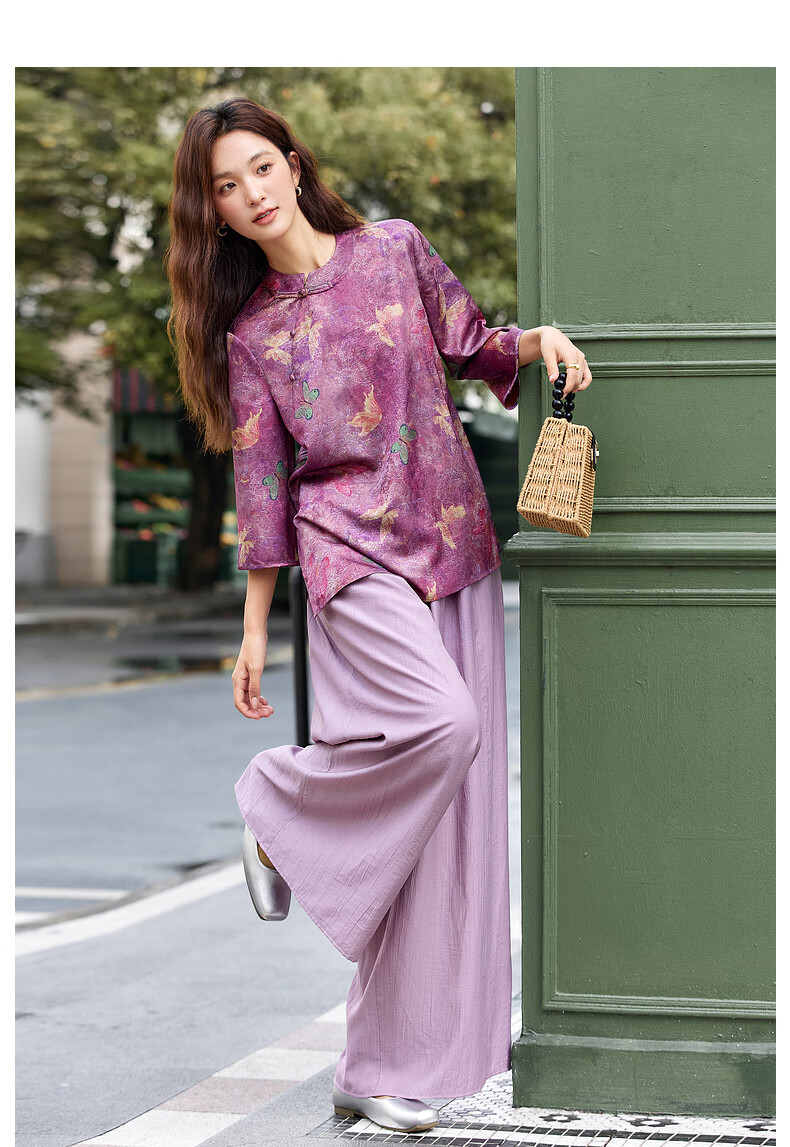 Fanximan New Chinese Style Women's Autumn Set Stand Collar Top Wide Leg Pants Set Purple Floral M 7