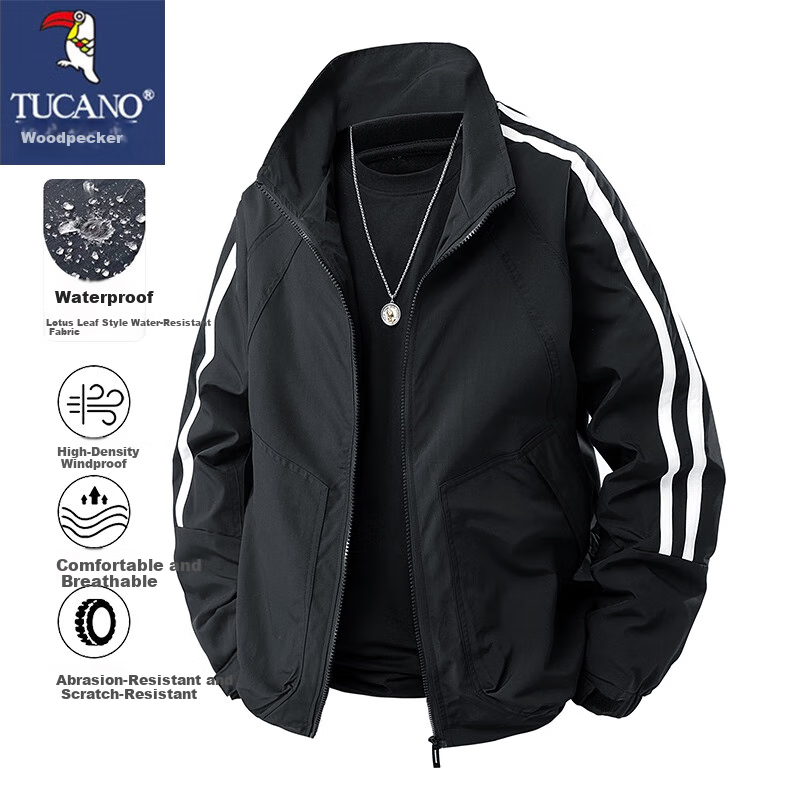 TUCANO Jacket for Men, Spring And Autumn Outerwear, Casual Stand-Up Collar, Loose-Fitting Outdoor Striped Windproof Menswear Top, Black, 4XL