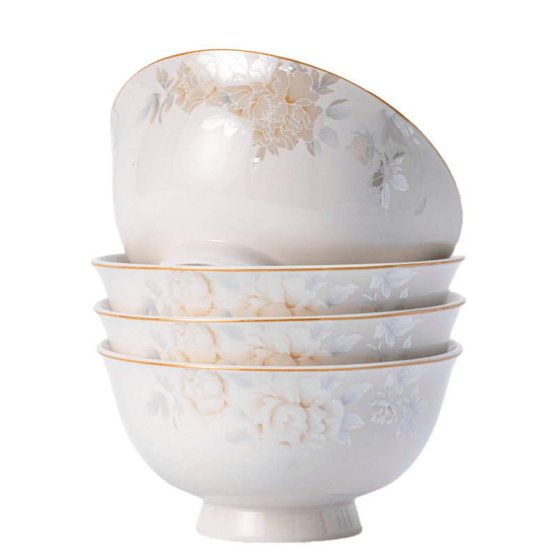 Haoya Jingdezhen Ceramic Tableware, Ceramic Rice Bowls, Noodle Bowls, Soup Bowls, Huaxianzi 6-Inch High-Foot Noodle Bowls, Set of 4