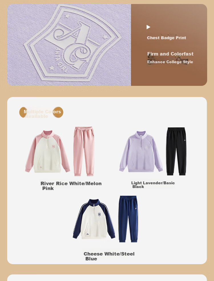ANTA Children's Outfit for Girls, Fleece-Lined Autumn And Winter, Skin-Friendly, for Older Children, Sweatshirt Jacket And Pants Two-Piece Set A62537708 9