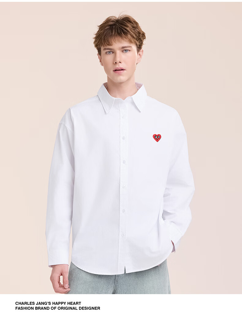 Charles Peach Heart American Style Trendy Floral Print Long Sleeve Cotton Turn-down Collar Casual Couple Shirt Gardenia White XS 2