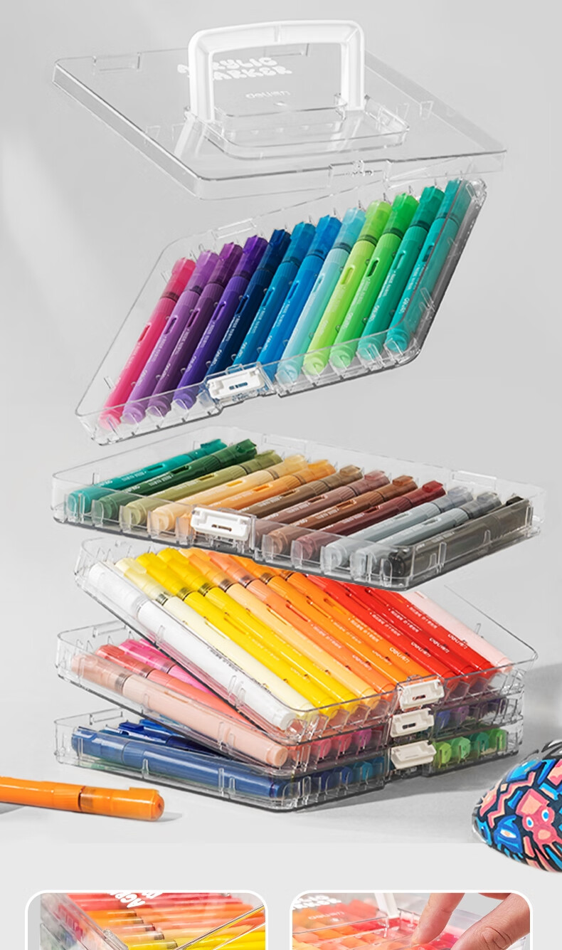 Deli 60-Color Direct Liquid Acrylic Markers with Soft Tips, Washable, High Coverage, Non-Bleeding, Student Fluorescent Watercolor Pens, Layered Box Gift, Handwritten Report Graffiti HM335/HM395 3