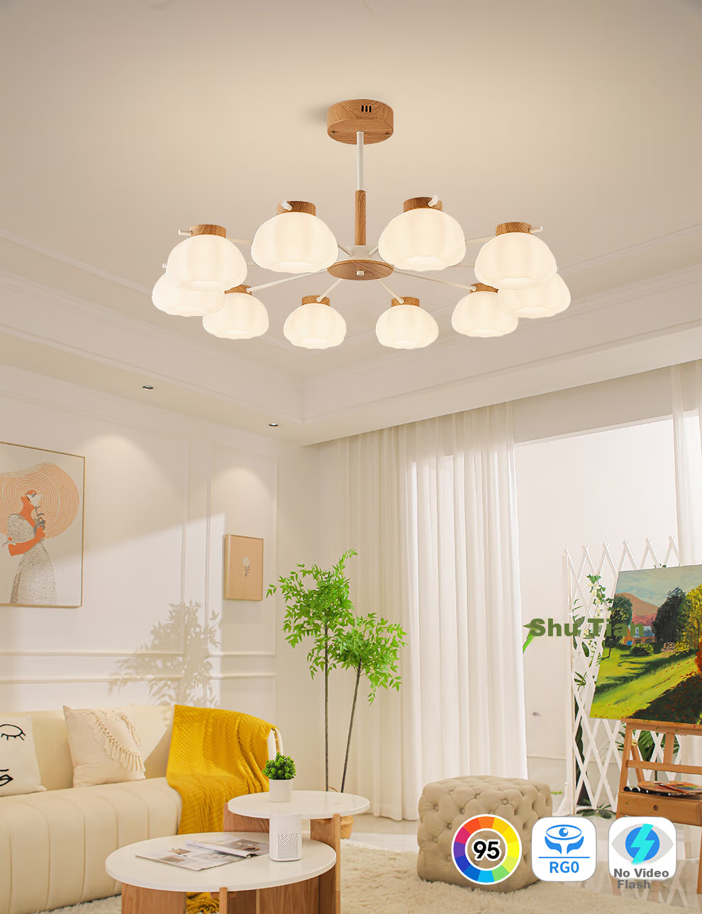 NVC NVC Simple Wood French Puff Lampshade Living Room Smart Comfortable Light 100W Pendant Light WHDD100F/G-05 1