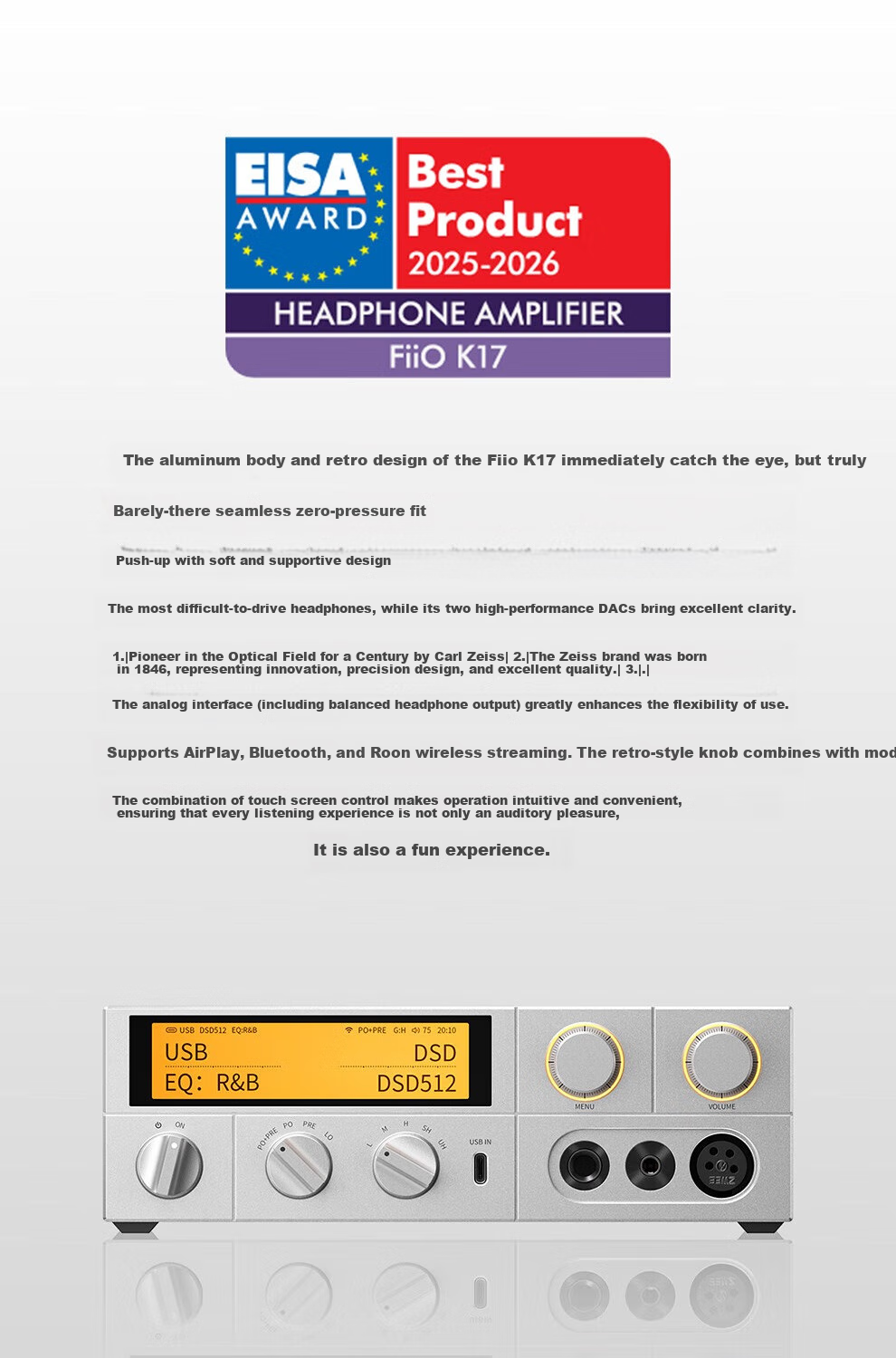 FiiO K17 Desktop Decoding Headphone Amplifier, DSD Decoding All-In Headphone Amplifier, HiFi Decoder, Silver Decoder 1
