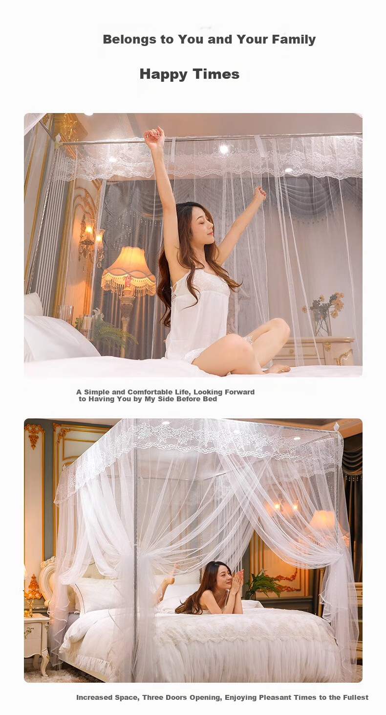 AVIVI Mosquito Net for Home Use, Square Top Mosquito Net with Three Doors, Mosquito Net Frame 1.8x2 Meters White Shadow Moon Lotus [Stainless Steel Frame] 6