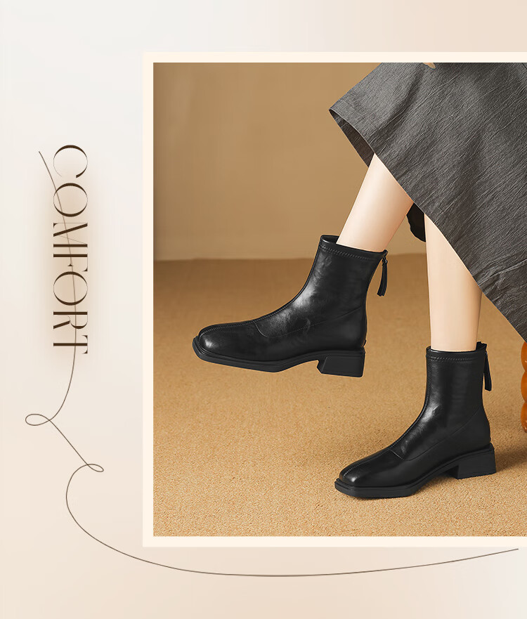 ZHR Women's Square Toe Short Boots 2025 Winter New Plush Stylish Ankle Boots Slim Fit BL663A Brown Size 37 4