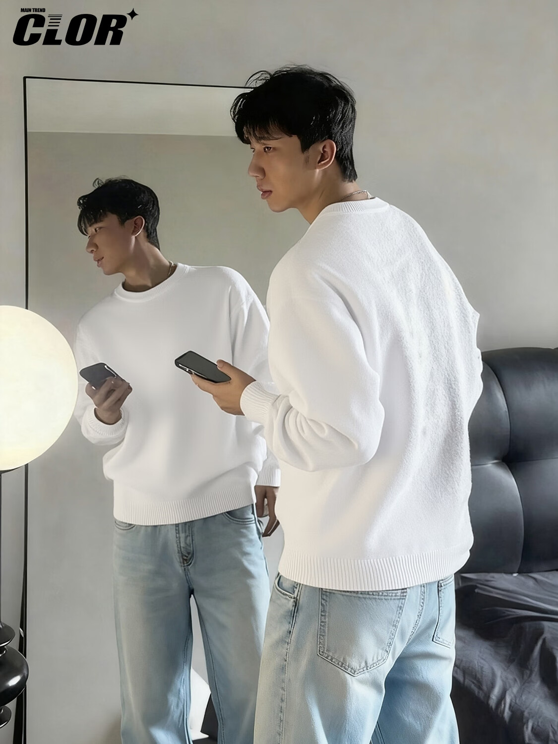 CLOR Round Neck Sweater Unisex Autumn Winter Lazy Style Knitwear Cleanfit Base Layer MYC11 Black M 2