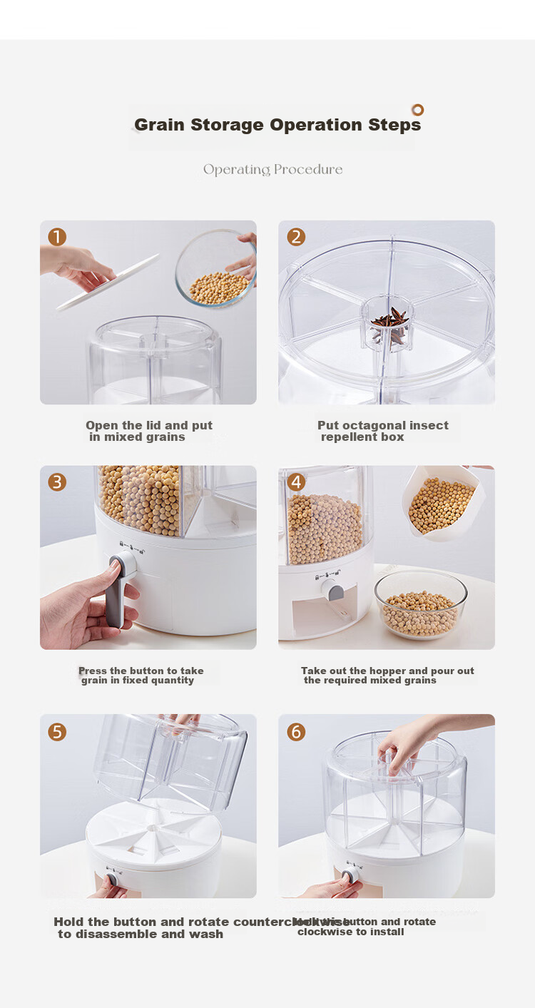Ecoco Rice Container, Food-Grade Rotating Multi-Grain Bucket, Sealed Jar, Kitchen Storage Container for Grains, Insect-Proof Rice Box E2332 White 14