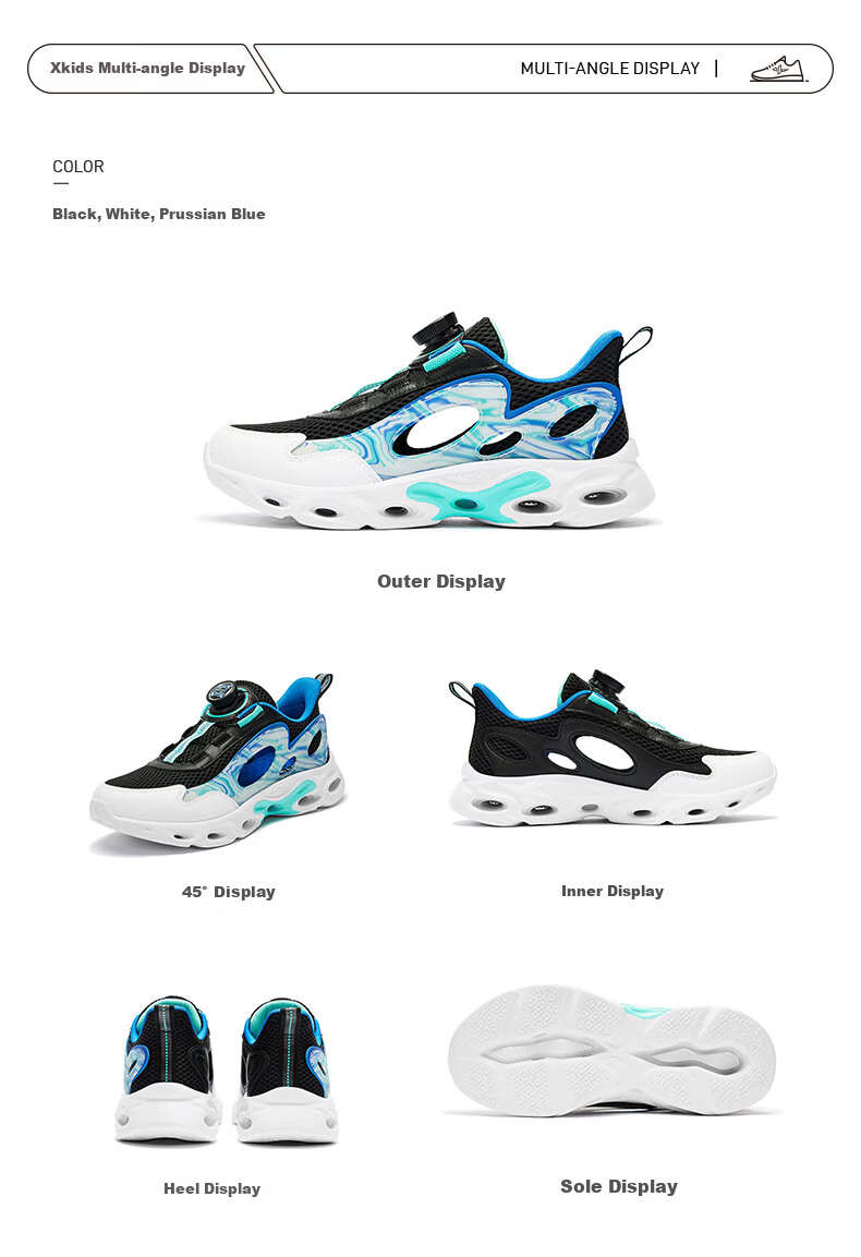 XTEP Children's Shoes, Boys' Cage Shoes, Breathable Rotating Buckle Running Shoes, Black/New White/Prussian Blue, Size 33 20