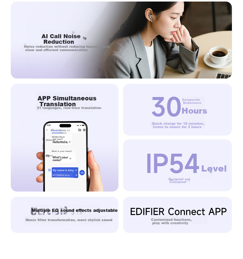 EDIFIER New Product Lolli Air True Wireless Bluetooth Earphones, Spatial Audio, Translation Headphones, Translation Device, Compatible with Apple Huawei Xiaomi Phones, Ice Purple, Graduation Gift 3