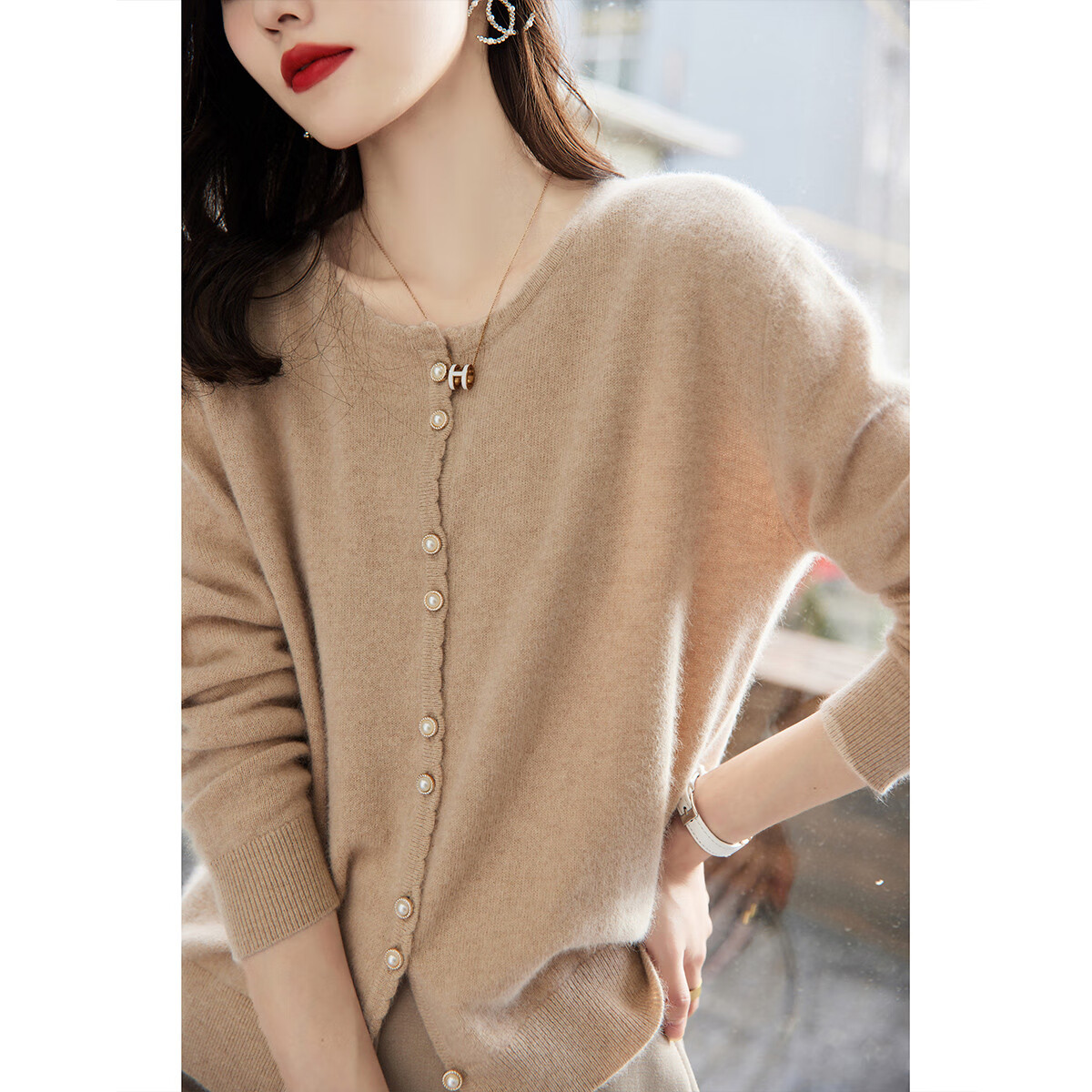 Dme 100% Wool Cardigan 2025 Autumn Round Neck Loose Drop Shoulder Long Sleeve Knit Sweater for Women