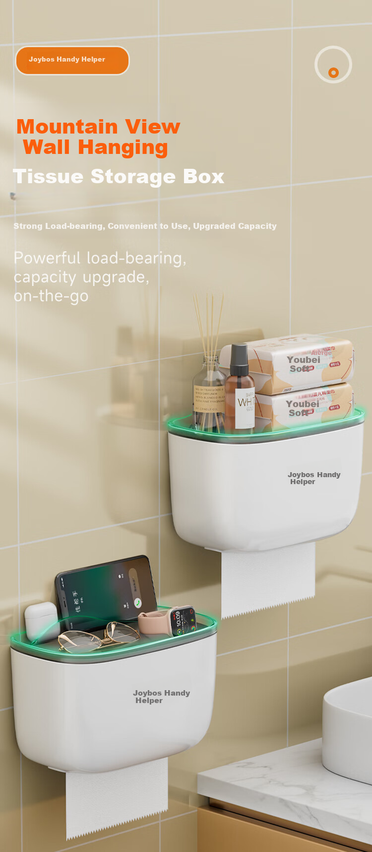 Jiabangshou Bathroom Toilet Paper Holder, No Drilling Required Wall-Mounted Paper Towel Dispenser, Toilet Paper Rack, Bathroom Storage Accessory, Tissue Box 1