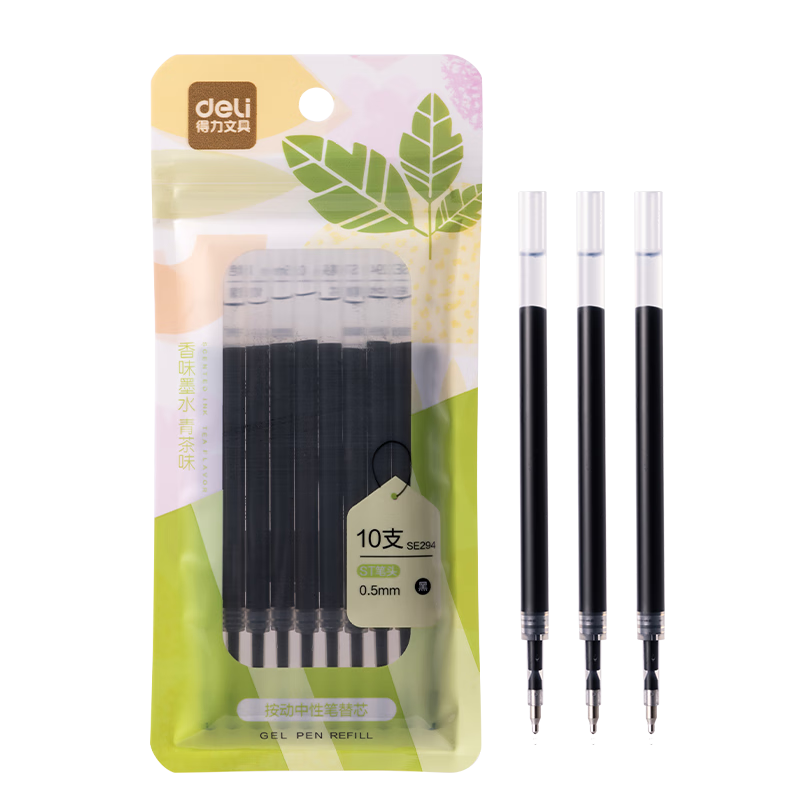 Deli Tea Scented Click Gel Pen Refill 0.5mm Quick-Dry ST Tip Student Exam Pen Black 10pcs/Bag SE294