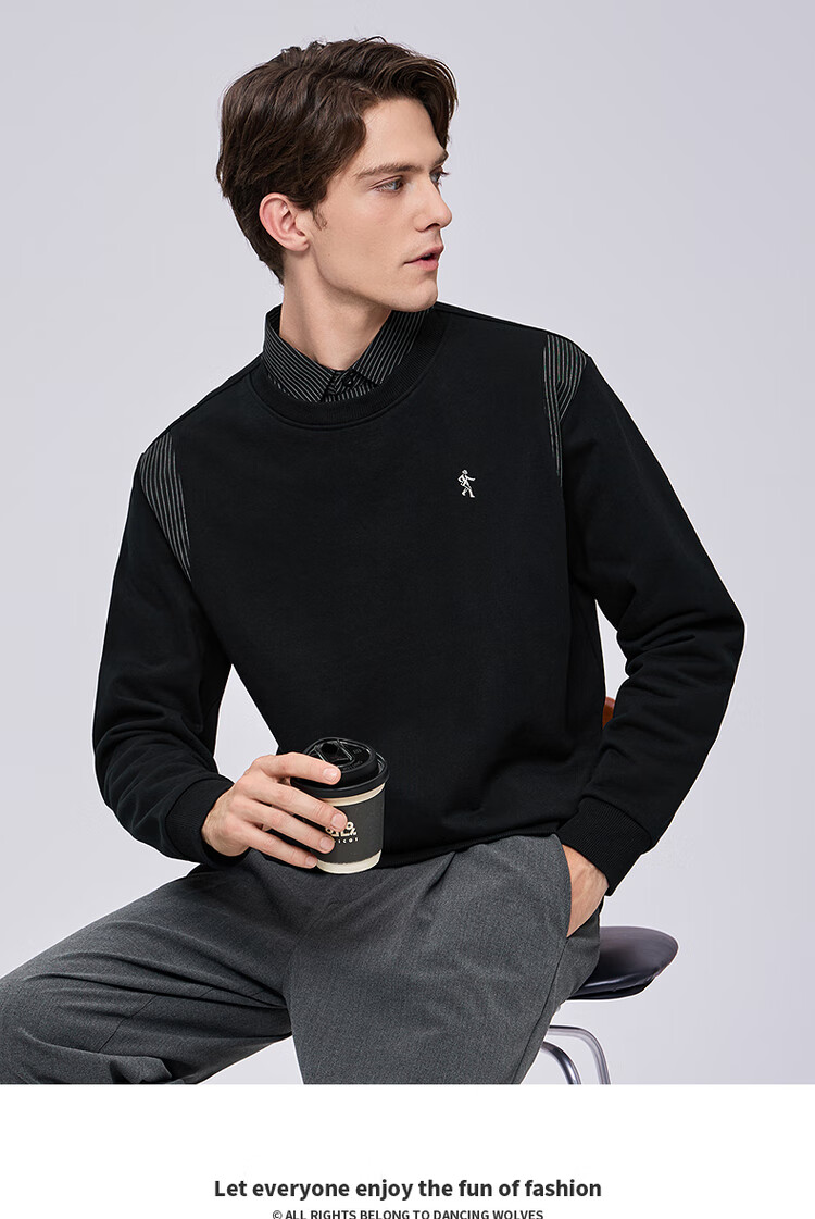 DANCING WOLVES False Two-Piece Striped Patchwork Shirt Collar Pullover Sweatshirt for Men Comfortable Commuter Pullover 001 Black 2XL 1