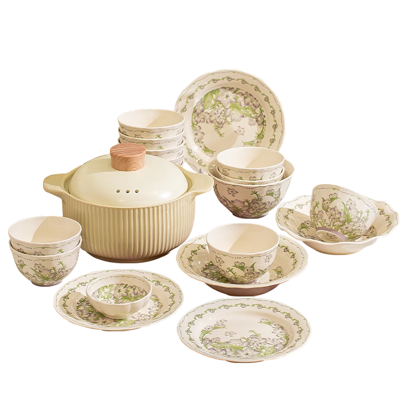 Chudi Ceramic Tableware Set Home Use Wedding Gift Bowls Plates Chopsticks Primrose Garden 18-Piece Gift Box