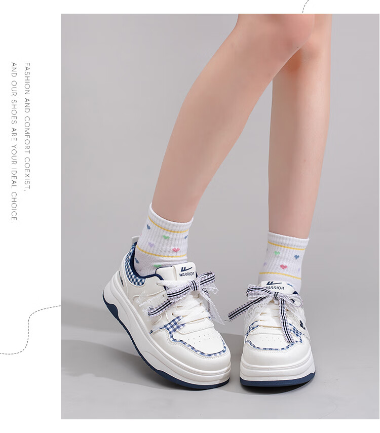 Warrior Women's White Shoes Spring and Autumn New Casual Versatile Creative Bowknot Sports Thick Sole Sneakers Beige Deep Blue 37 5