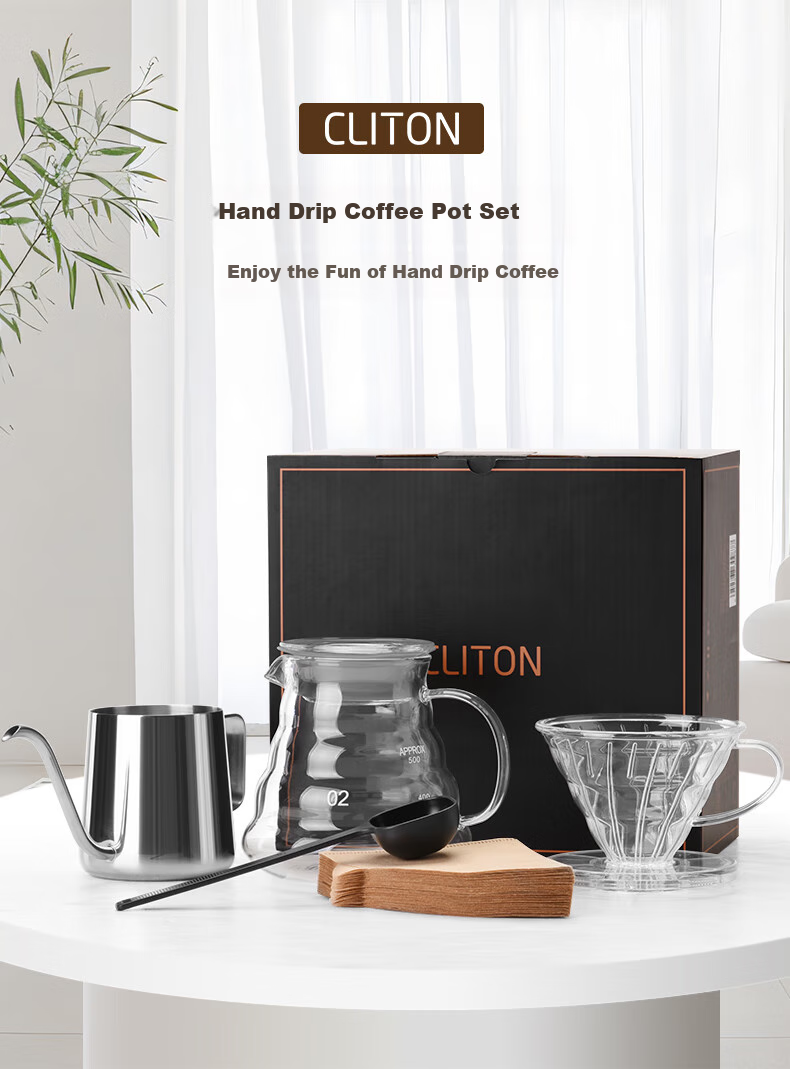 CLITON Pour-Over Coffee Maker Set: Drip Coffee Pot, Glass Sharing Pot, Stainless Steel Pour-Over Kettle, Filter Paper, And Filter Cup 1