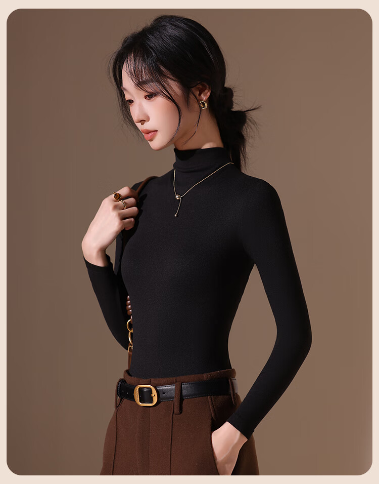Urban Beauty Camellia Moisturizing Semi-Turtleneck Fleece-Lined Long Sleeve Base Layer Top for Women Autumn Winter High Elastic Soft Inner Wear 19