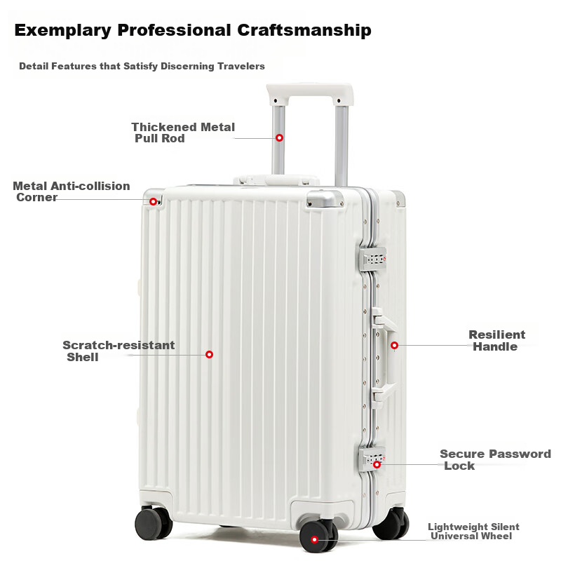 DULA Aluminum Frame Suitcase, Luggage with Cup Holder, Small Travel Password Lock Case, Rechargeable Carry-On Leather Suitcase, Bright Moon White, 20 Inches