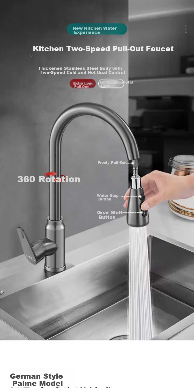 ILeddog [Germany] Kitchen Faucet, Thickened Stainless Steel, Pull-Out And Extendable, Sink Sprayer, Anti-Splash Hot And Cold Tap CPCL 2