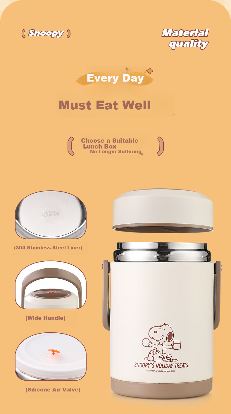 SNOOPY Insulated Lunch Box with Handle, 2L Large Capacity, for Office Workers And Students, Multi-Layer Portable Stainless Steel Thermos (With Thermal Bag) 3