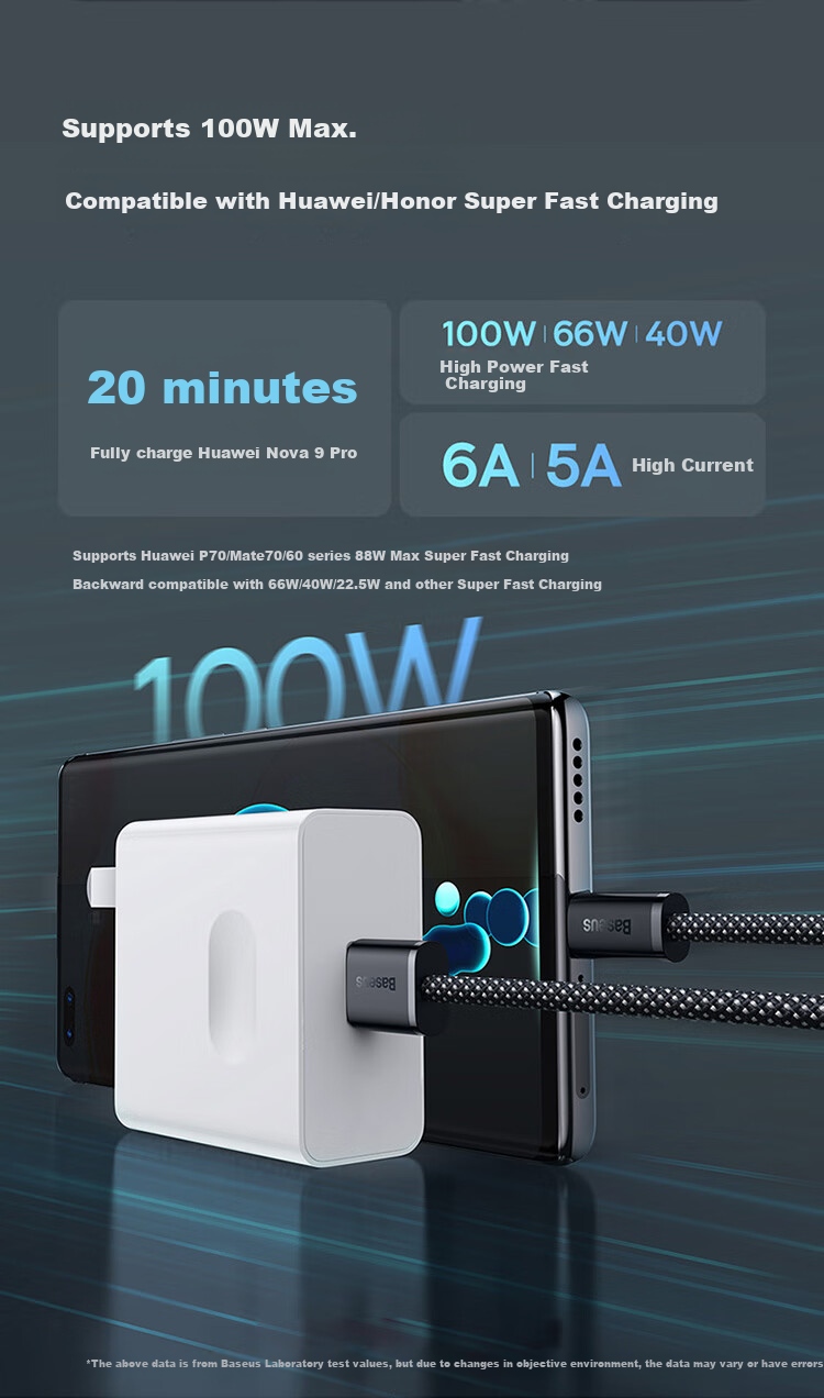 BASEUS Type-C Data Cable, 6A, Suitable for Huawei Honor Xiaomi Super Fast Charging 100W/66, Charging Cord WPura70/Mate70/60Pro+, Android Phones, Car Charger, 2 Meters White 4