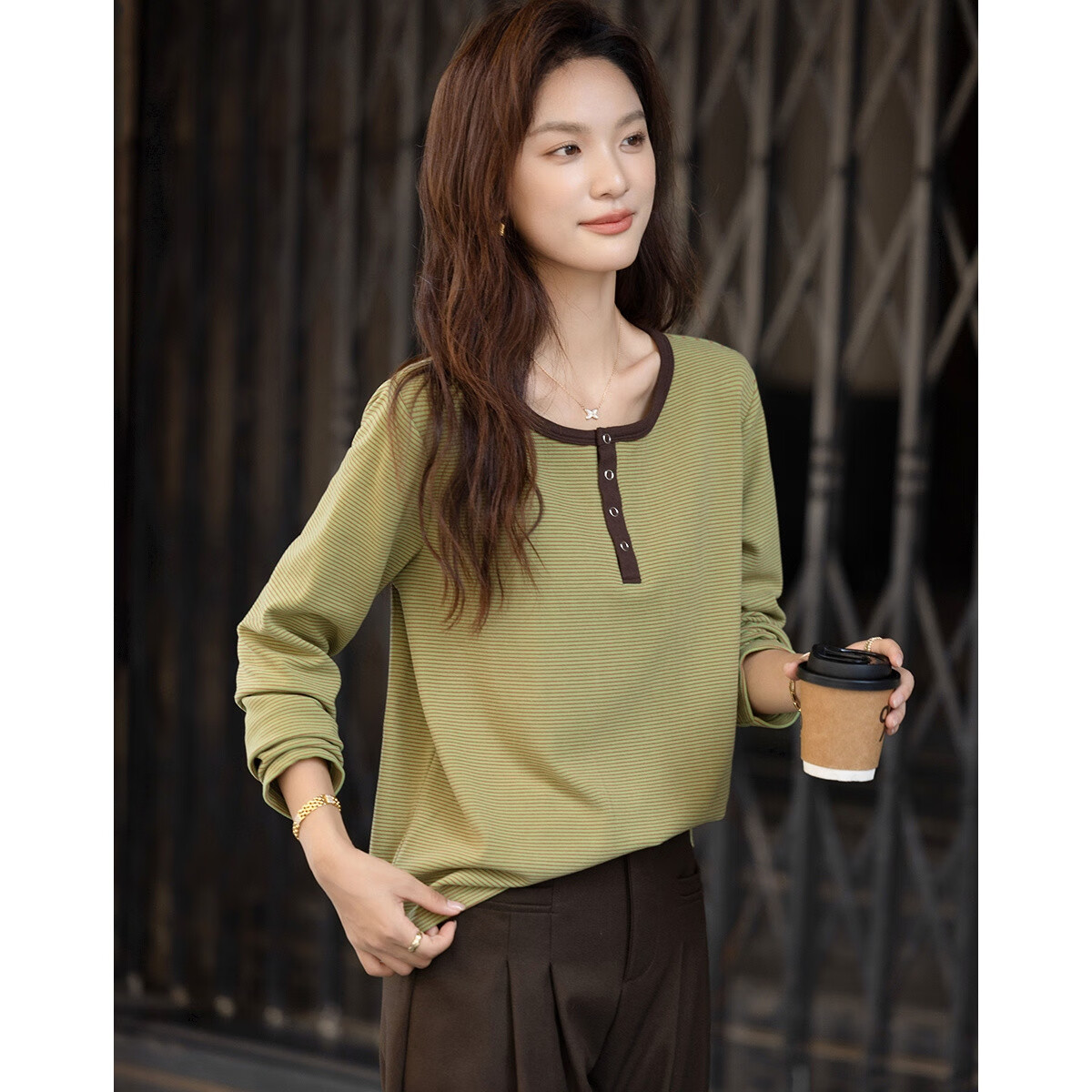 Demna【Retro Light Travel】Winter Simple Design Splicing Contrast Color Round Neck Striped Stretchy T-shirt for Women with Tummy Control