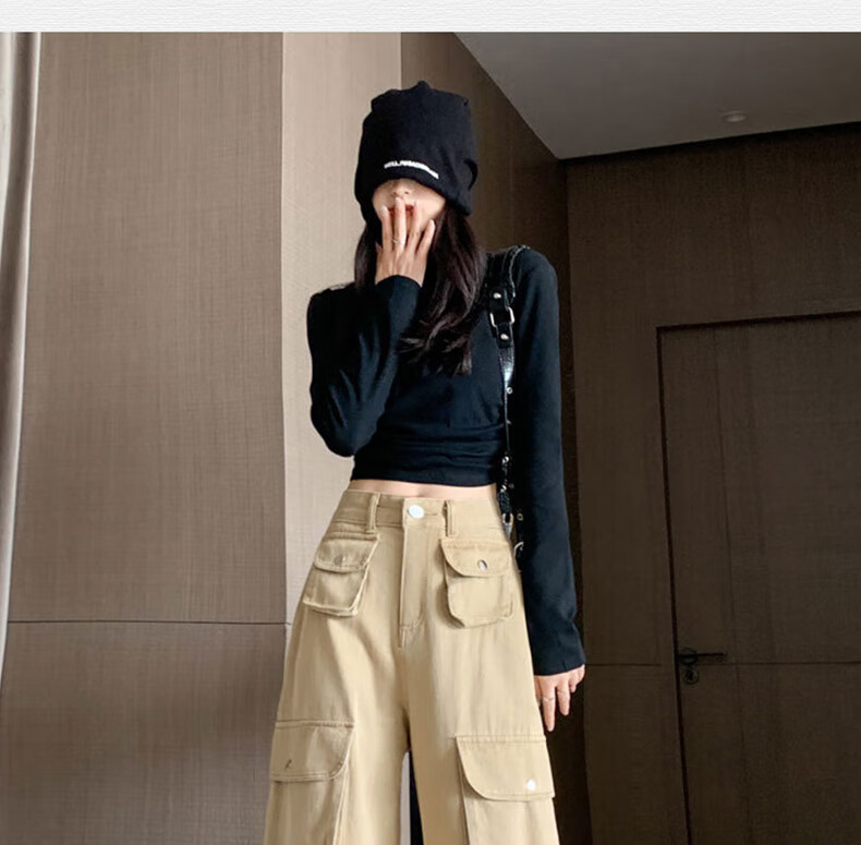 Langsha Women's Workwear Casual Cotton High-Waist Straight-Leg Trendy Pocket Wide-Leg American Style Spring Pants 23
