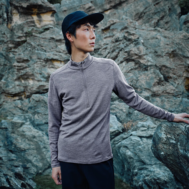JD Jingzao Men's Wool Quick-Dry T-Shirt Outdoor Sports Hiking Mountaineering Long Sleeve Thermal Underwear Half-Zip Heather Gray XL