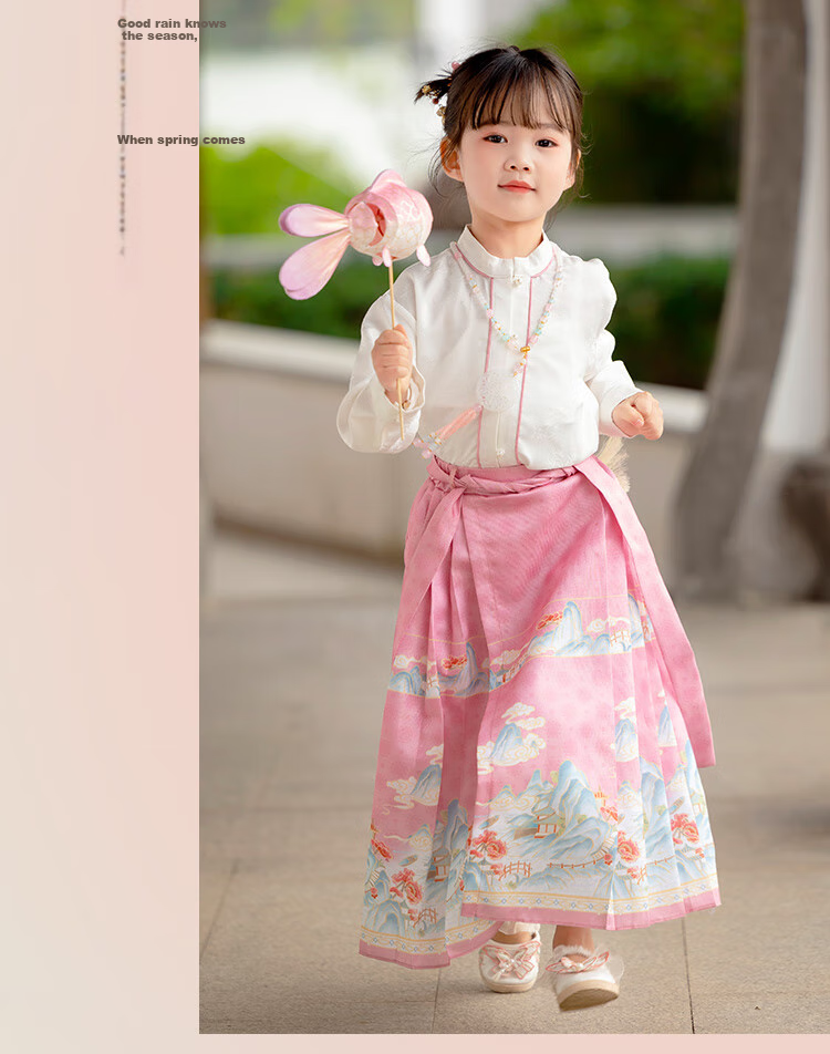 Menghu Yueqing Mountain Hanfu Girls' Spring New Style Children's Chinese-Style Ancient Costume Ming Dynasty Horse-Face Skirt Set, Pink Horse-Face Skirt, Size 100 6