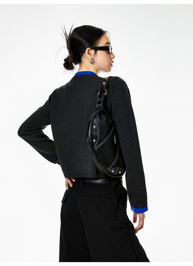 ICH MODE American Vintage Two-in-One Knit Cardigan Women Autumn Winter Sweater Jacket Base Shirt Long Sleeve Top Dark Gray XL 18