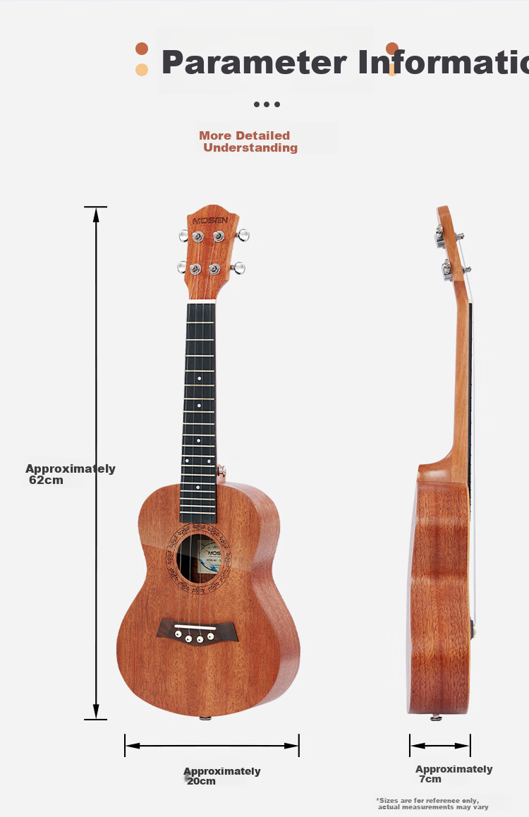MOSEN M3-N Ukulele Solid Wood Top Small Guitar, 23 Inches, Natural Color 13