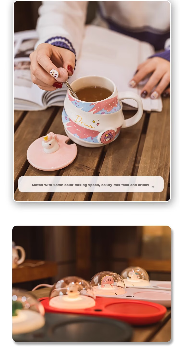 PINYU Mug, Coffee Cup, Ceramic Water Cup, Birthday Gift with Lid And Spoon, Pink Unicorn Design, 400ml Capacity 7