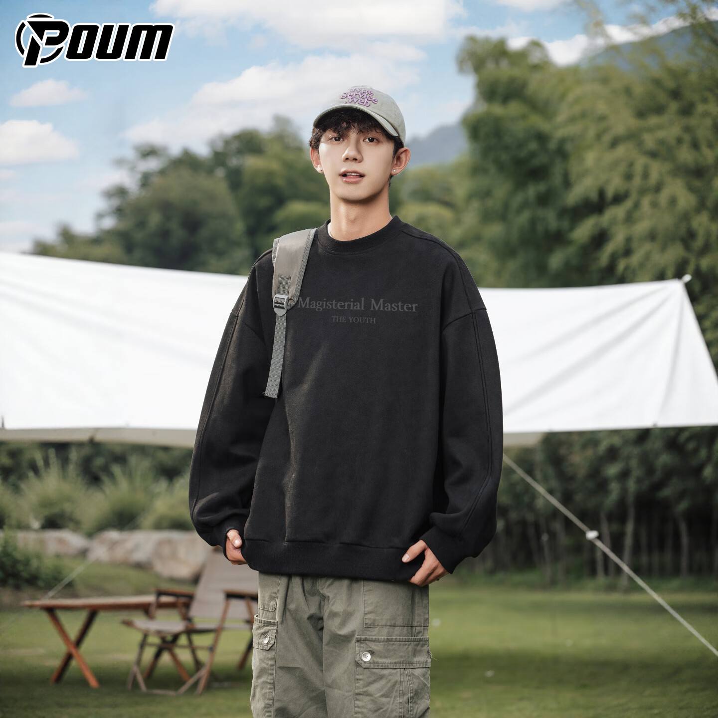 POUM American Suede Vintage Sweatshirt Men's Autumn Winter Youth Trendy Long Sleeve L3852 Black XL