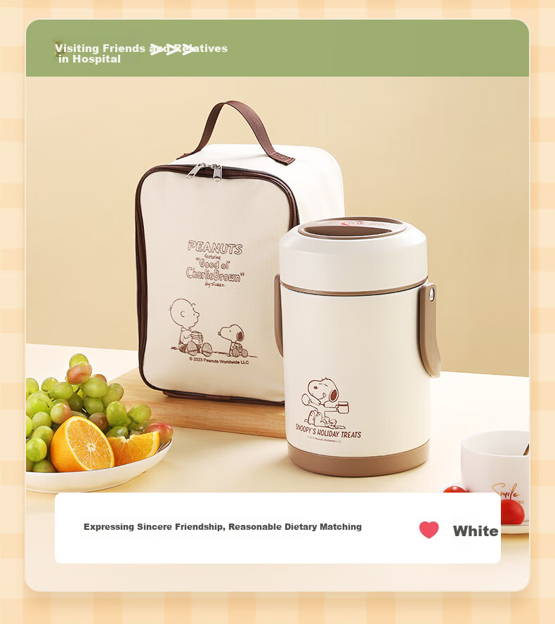 SNOOPY Insulated Lunch Box with Handle, 2L Large Capacity, for Office Workers And Students, Multi-Layer Portable Stainless Steel Thermos (With Thermal Bag) 15