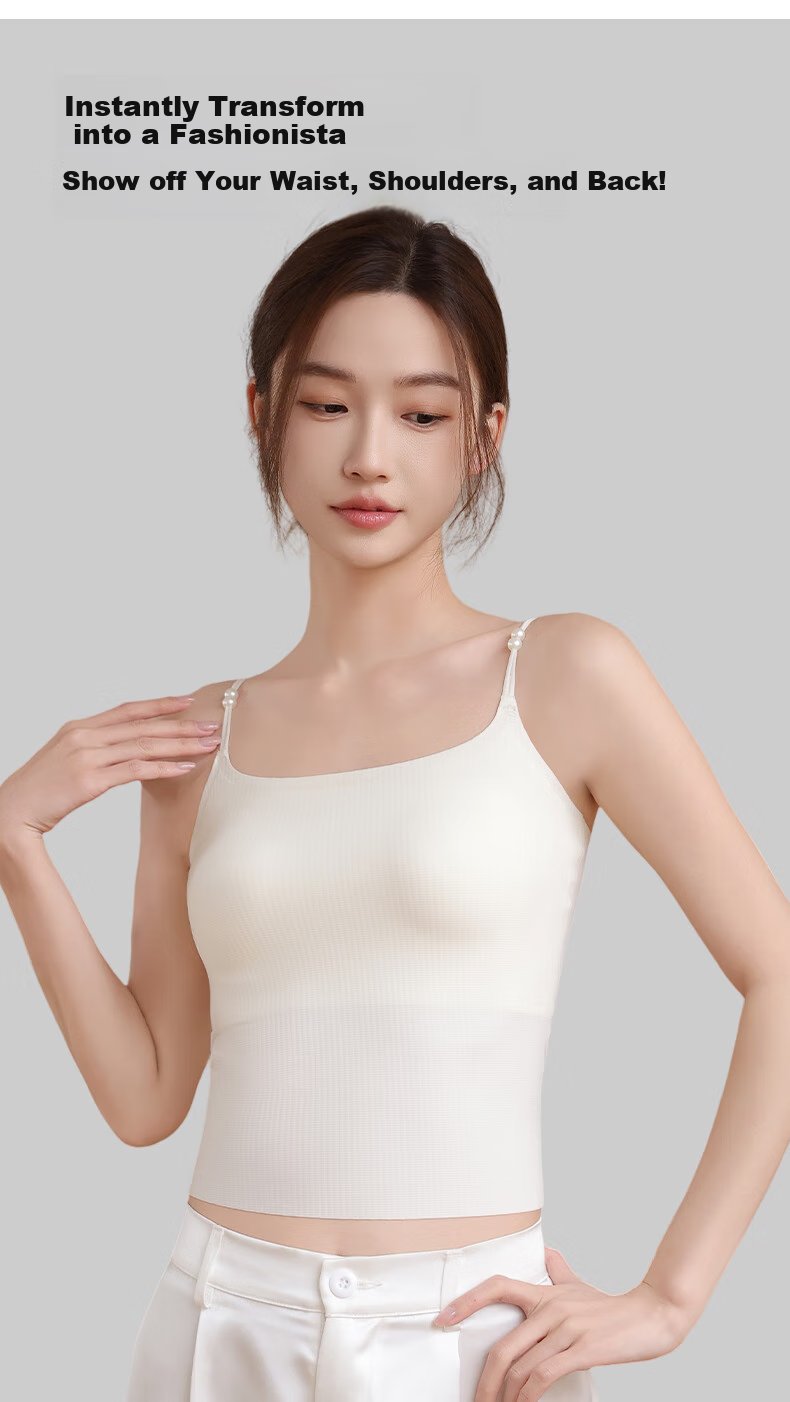 Caobenchuse Women's Camisole Bra, Invisible Seamless with Built-In Pads, Lightweight Pearl Thin Strap Undershirt for All Seasons 6