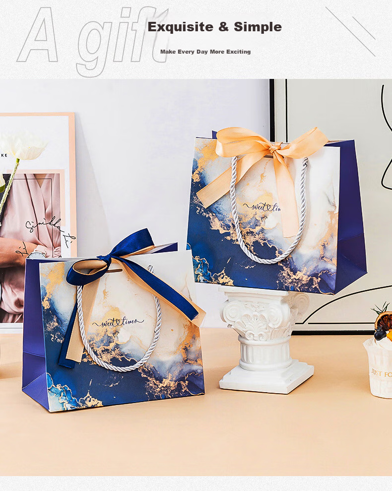 Ouliwen Gift Bags, Handbags, Paper Bags with Rope Handles, Portable Thickened Paper Silk Handles, 25x20x12cm, Pack of 5, Floral Blue with Text, Suitable for Wedding Favors And Birthday Gifts 8